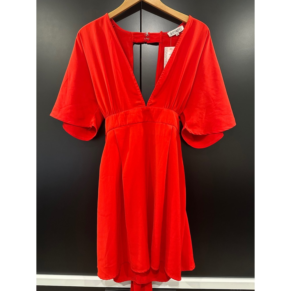 Showpo Forbidden Mini Dress Red Deep V-Neck Flutter Sleeve Open Back Size 12 NEW